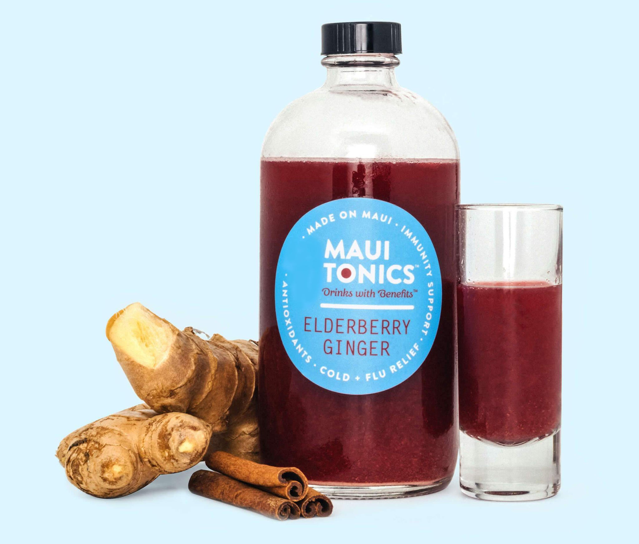 Elderberry Ginger Tonic Wellness Shots with Cold-Pressed Ginger, Elderberry + Cinnamon